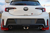 Rally Armor Mud Flaps for 2023+ Toyota GR Corolla (MF89-UR-RD-WH) red with white logo installed