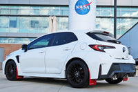 Rally Armor Mud Flaps for 2023+ Toyota GR Corolla (MF89-UR-RD-WH) red with white logo installed