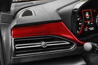 Rexpeed Dry Carbon Fiber Driver Side Dash Cover for VB 2022+ Subaru WRX (G158R) red carbon fiber. Installed on WRX above drivers side vent and to the left of the dash