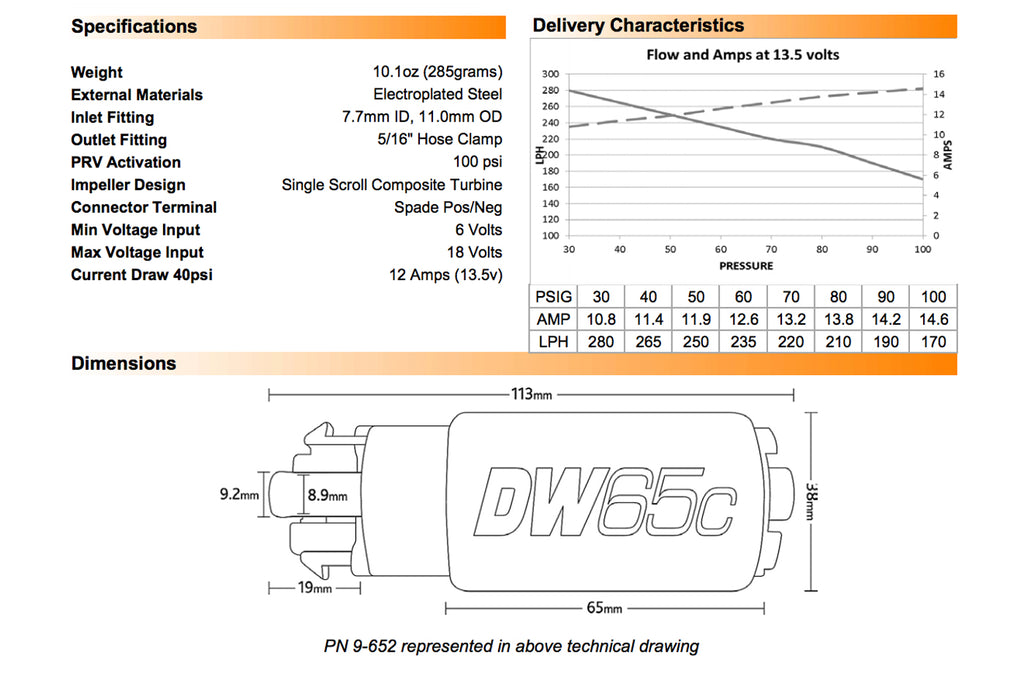 Deatschwerks DW65c 265LPH Fuel Pump & Install Kit 9-651 / 9-652